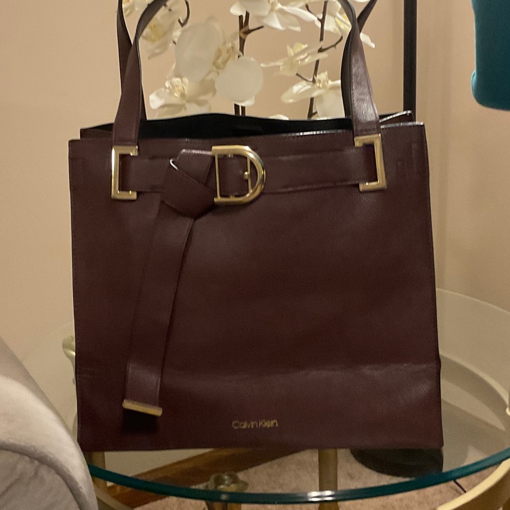Calvin Klein Dark Burgundy Tote with Gold Accents